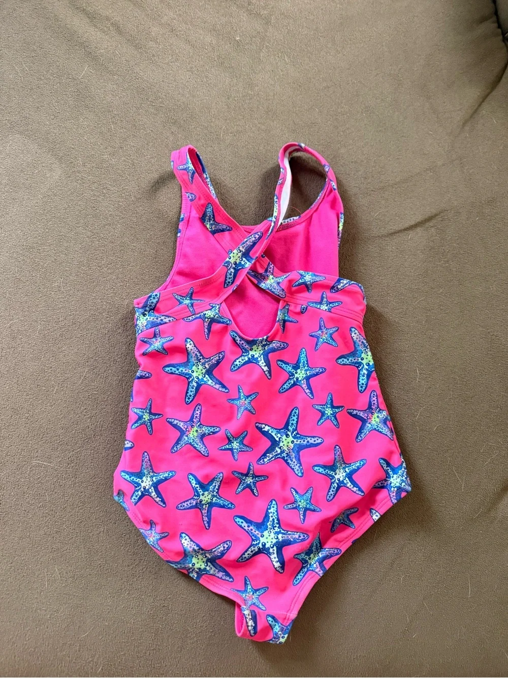Lands' End Hot Pink One-Piece Swimsuit with Blue Starfish size 6-7